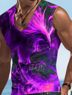 Online OUKU Men's Tank Top Vest Top Sleeveless T Shirt for Men Graphic Animal Phoenix V Neck Clothing Apparel 3D Print Sports Running Sleeveless 3D Print Designer Casual Muscle