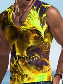 Online OUKU Men's Tank Top Vest Top Sleeveless T Shirt for Men Graphic Animal Phoenix V Neck Clothing Apparel 3D Print Sports Running Sleeveless 3D Print Designer Casual Muscle