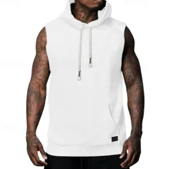 Online OUKU Men's Tank Top Vest Top Undershirt Sleeveless Shirt Sleeveless Hooded Summer Plain Fashion Designer Basic Jacquard Front Pocket Vacation Street Going out Black White Khaki Top Tee for Men