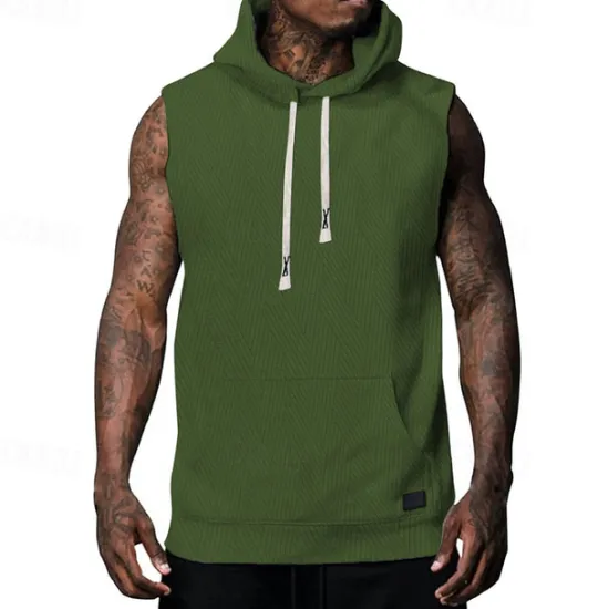 Online OUKU Men's Tank Top Vest Top Undershirt Sleeveless Shirt Sleeveless Hooded Summer Plain Fashion Designer Basic Jacquard Front Pocket Vacation Street Going out Black White Khaki Top Tee for Men