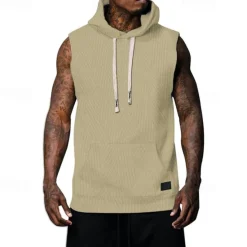 Online OUKU Men's Tank Top Vest Top Undershirt Sleeveless Shirt Sleeveless Hooded Summer Plain Fashion Designer Basic Jacquard Front Pocket Vacation Street Going out Black White Khaki Top Tee for Men