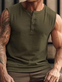 OUKU Men's Tank Top Vest Top Undershirt Sleeveless Shirt Sleeveless Henley Summer Plain Fashion Muscle Outdoor Going out Gym Black White Khaki Top Tee for Men