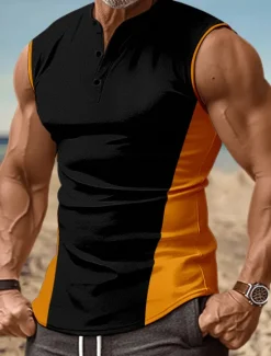 Clearance OUKU Men's Tank Top Vest Top Undershirt Sleeveless Shirt Sleeveless Henley Collar Summer Color Block Fashion Designer Muscle Buttons Outdoor Going out Gym Black White Red Top Tee for Men