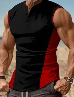 Clearance OUKU Men's Tank Top Vest Top Undershirt Sleeveless Shirt Sleeveless Henley Collar Summer Color Block Fashion Designer Muscle Buttons Outdoor Going out Gym Black White Red Top Tee for Men