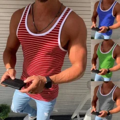 Online OUKU Men's Tank Top Vest Top Undershirt Sleeveless Shirt Sleeveless Crew Neck Summer Striped Fashion Lightweight Breathable Outdoor Street Casual Red Blue Green Top Tee for Men