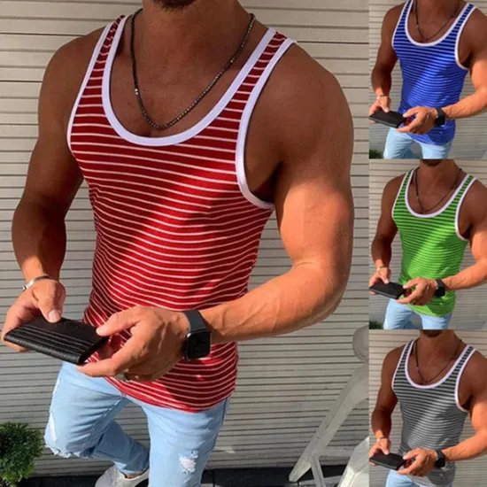 Online OUKU Men's Tank Top Vest Top Undershirt Sleeveless Shirt Sleeveless Crew Neck Summer Striped Fashion Lightweight Breathable Outdoor Street Casual Red Blue Green Top Tee for Men
