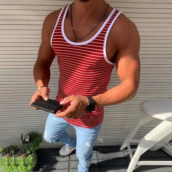 Online OUKU Men's Tank Top Vest Top Undershirt Sleeveless Shirt Sleeveless Crew Neck Summer Striped Fashion Lightweight Breathable Outdoor Street Casual Red Blue Green Top Tee for Men
