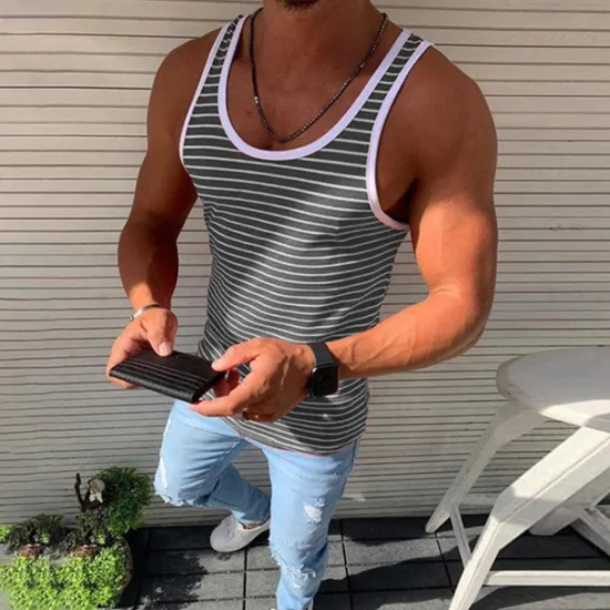 Online OUKU Men's Tank Top Vest Top Undershirt Sleeveless Shirt Sleeveless Crew Neck Summer Striped Fashion Lightweight Breathable Outdoor Street Casual Red Blue Green Top Tee for Men