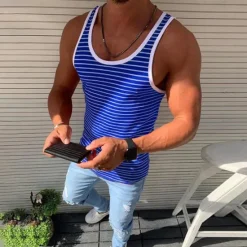 Online OUKU Men's Tank Top Vest Top Undershirt Sleeveless Shirt Sleeveless Crew Neck Summer Striped Fashion Lightweight Breathable Outdoor Street Casual Red Blue Green Top Tee for Men
