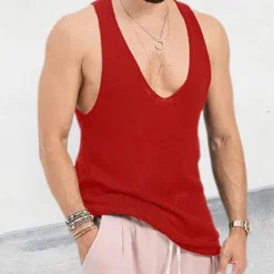 Hot OUKU Men's Tank Top Vest Top Undershirt Sleeveless Shirt Sleeveless V Neck Spring & Summer Plain Fashion Designer Basic Knitted Vacation Street Going out Black Red Blue Top Tee for Men