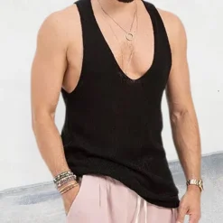 Hot OUKU Men's Tank Top Vest Top Undershirt Sleeveless Shirt Sleeveless V Neck Spring & Summer Plain Fashion Designer Basic Knitted Vacation Street Going out Black Red Blue Top Tee for Men