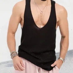 Hot OUKU Men's Tank Top Vest Top Undershirt Sleeveless Shirt Sleeveless V Neck Spring & Summer Plain Fashion Designer Basic Knitted Vacation Street Going out Black Red Blue Top Tee for Men