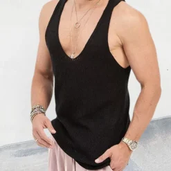 Hot OUKU Men's Tank Top Vest Top Undershirt Sleeveless Shirt Sleeveless V Neck Spring & Summer Plain Fashion Designer Basic Knitted Vacation Street Going out Black Red Blue Top Tee for Men
