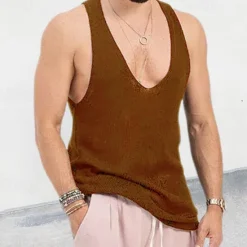 Hot OUKU Men's Tank Top Vest Top Undershirt Sleeveless Shirt Sleeveless V Neck Spring & Summer Plain Fashion Designer Basic Knitted Vacation Street Going out Black Red Blue Top Tee for Men