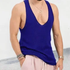 Hot OUKU Men's Tank Top Vest Top Undershirt Sleeveless Shirt Sleeveless V Neck Spring & Summer Plain Fashion Designer Basic Knitted Vacation Street Going out Black Red Blue Top Tee for Men