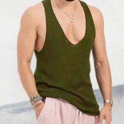 Hot OUKU Men's Tank Top Vest Top Undershirt Sleeveless Shirt Sleeveless V Neck Spring & Summer Plain Fashion Designer Basic Knitted Vacation Street Going out Black Red Blue Top Tee for Men