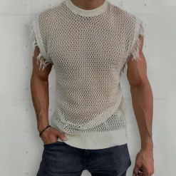 Sale OUKU Men's Tank Top Vest Top Undershirt Sleeveless Shirt Sleeveless Crew Neck Summer Plain Fashion Designer Muscle Mesh Knitted Outdoor Going out Gym White Khaki Army Green Top Tee for Men