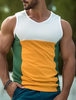 Best OUKU Men's Tank Top Vest Top Undershirt Sleeveless Shirt Sleeveless Crew Neck Summer Color Block Fashion Designer Muscle Outdoor Going out Gym Yellow Blue Orange Top Tee for Men