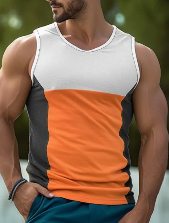 Best OUKU Men's Tank Top Vest Top Undershirt Sleeveless Shirt Sleeveless Crew Neck Summer Color Block Fashion Designer Muscle Outdoor Going out Gym Yellow Blue Orange Top Tee for Men