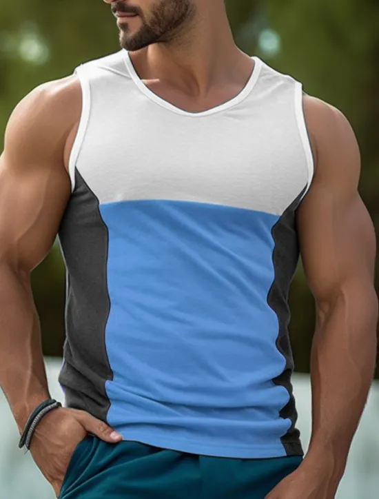 Best OUKU Men's Tank Top Vest Top Undershirt Sleeveless Shirt Sleeveless Crew Neck Summer Color Block Fashion Designer Muscle Outdoor Going out Gym Yellow Blue Orange Top Tee for Men