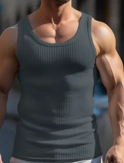 Hot OUKU Men's Tank Top Vest Top Undershirt Sleeveless Shirt Sleeveless Crew Neck Summer Plain Pit Strip Fashion Designer Muscle Outdoor Going out Gym Black White Khaki Top Tee for Men