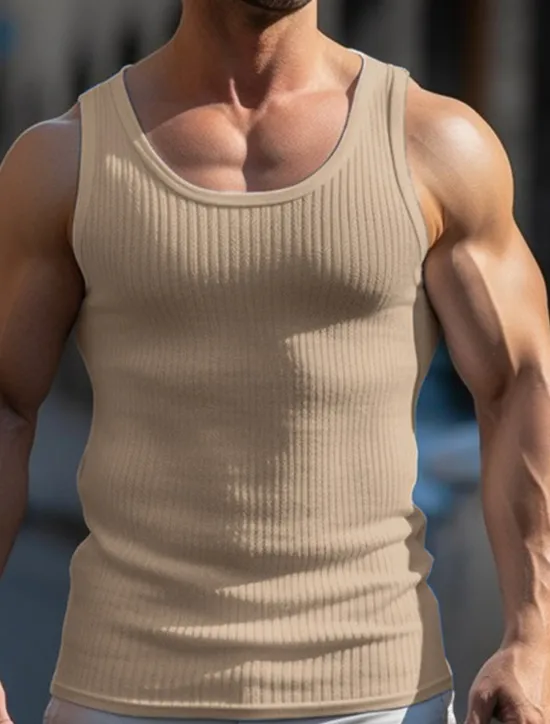 Hot OUKU Men's Tank Top Vest Top Undershirt Sleeveless Shirt Sleeveless Crew Neck Summer Plain Pit Strip Fashion Designer Muscle Outdoor Going out Gym Black White Khaki Top Tee for Men