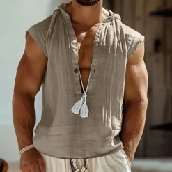Best OUKU Men's Tank Top Vest Top Undershirt Sleeveless Shirt Sleeveless Hooded Summer Plain Fashion Designer Basic Buttons Vacation Street Going out Black Navy Blue Green Top Tee for Men