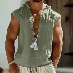 Best OUKU Men's Tank Top Vest Top Undershirt Sleeveless Shirt Sleeveless Hooded Summer Plain Fashion Designer Basic Buttons Vacation Street Going out Black Navy Blue Green Top Tee for Men