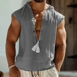 Best OUKU Men's Tank Top Vest Top Undershirt Sleeveless Shirt Sleeveless Hooded Summer Plain Fashion Designer Basic Buttons Vacation Street Going out Black Navy Blue Green Top Tee for Men