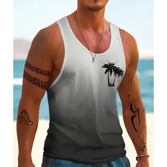 New OUKU Men's Tank Top Vest Top Undershirt Sleeveless Shirt Sleeveless Crew Neck Summer Gradient Coconut Tree Fashion Designer Basic Print Vacation Street Going out Blue Orange Dark Blue Top Tee for Men