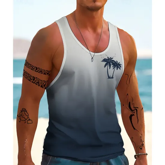 New OUKU Men's Tank Top Vest Top Undershirt Sleeveless Shirt Sleeveless Crew Neck Summer Gradient Coconut Tree Fashion Designer Basic Print Vacation Street Going out Blue Orange Dark Blue Top Tee for Men