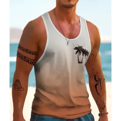 New OUKU Men's Tank Top Vest Top Undershirt Sleeveless Shirt Sleeveless Crew Neck Summer Gradient Coconut Tree Fashion Designer Basic Print Vacation Street Going out Blue Orange Dark Blue Top Tee for Men