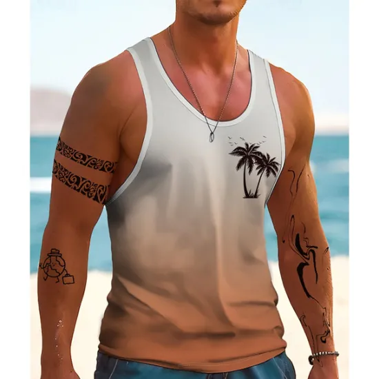 New OUKU Men's Tank Top Vest Top Undershirt Sleeveless Shirt Sleeveless Crew Neck Summer Gradient Coconut Tree Fashion Designer Basic Print Vacation Street Going out Blue Orange Dark Blue Top Tee for Men