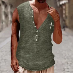 Clearance OUKU Men's Tank Top Vest Top Undershirt Sleeveless Shirt Sleeveless Henley Summer Cross Vintage Fashion Designer Buttons Vacation Street Going out Black White Brown Top Tee for Men