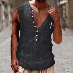 Clearance OUKU Men's Tank Top Vest Top Undershirt Sleeveless Shirt Sleeveless Henley Summer Cross Vintage Fashion Designer Buttons Vacation Street Going out Black White Brown Top Tee for Men