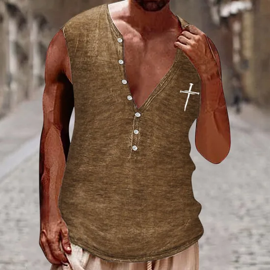 Clearance OUKU Men's Tank Top Vest Top Undershirt Sleeveless Shirt Sleeveless Henley Summer Cross Vintage Fashion Designer Buttons Vacation Street Going out Black White Brown Top Tee for Men