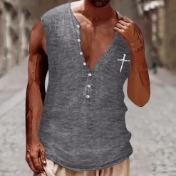 Clearance OUKU Men's Tank Top Vest Top Undershirt Sleeveless Shirt Sleeveless Henley Summer Cross Vintage Fashion Designer Buttons Vacation Street Going out Black White Brown Top Tee for Men