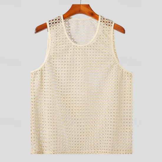 Best OUKU Men's Tank Top Vest Top Undershirt Sleeveless Shirt Sleeveless Crew Neck Summer Plain Fashion Designer Basic Mesh Vacation Street Going out Top Tee for Men Beige