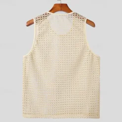 Best OUKU Men's Tank Top Vest Top Undershirt Sleeveless Shirt Sleeveless Crew Neck Summer Plain Fashion Designer Basic Mesh Vacation Street Going out Top Tee for Men Beige