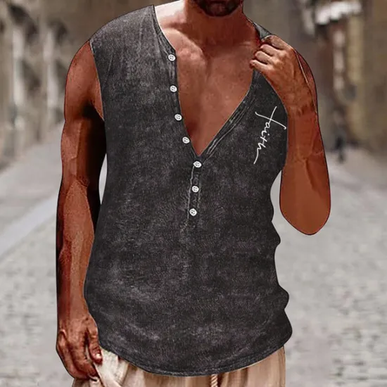 New OUKU Men's Tank Top Vest Top Undershirt Sleeveless Shirt Sleeveless Henley Summer Cross Vintage Fashion Designer Buttons Vacation Street Going out Black White Brown Top Tee for Men