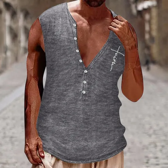 New OUKU Men's Tank Top Vest Top Undershirt Sleeveless Shirt Sleeveless Henley Summer Cross Vintage Fashion Designer Buttons Vacation Street Going out Black White Brown Top Tee for Men