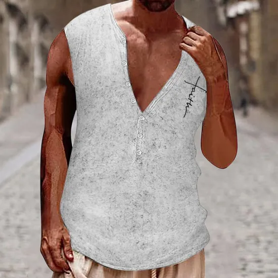 New OUKU Men's Tank Top Vest Top Undershirt Sleeveless Shirt Sleeveless Henley Summer Cross Vintage Fashion Designer Buttons Vacation Street Going out Black White Brown Top Tee for Men