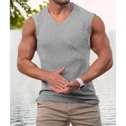 Hot OUKU Men's Tank Top Vest Top Undershirt Sleeveless Shirt Sleeveless V Neck Summer Plain Fashion Designer Vacation Street Going out Black Pink Green Top Tee for Men