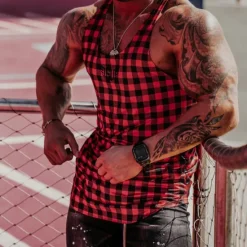 Outlet OUKU Men's Tank Top Vest Top Undershirt Sleeveless Shirt Sleeveless Crew Neck Summer Graphic Plaid Sports Fashion Comfortable Print Street Casual Daily Wine Blue Green Top Tee for Men
