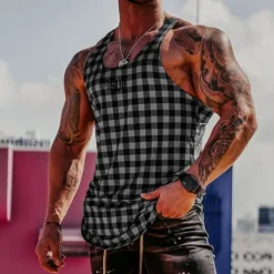 Outlet OUKU Men's Tank Top Vest Top Undershirt Sleeveless Shirt Sleeveless Crew Neck Summer Graphic Plaid Sports Fashion Comfortable Print Street Casual Daily Wine Blue Green Top Tee for Men