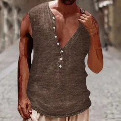 Best OUKU Men's Tank Top Vest Top Undershirt Sleeveless Shirt Sleeveless Henley Summer Plain Vintage Fashion Designer Buttons Vacation Street Going out Black White Brown Top Tee for Men