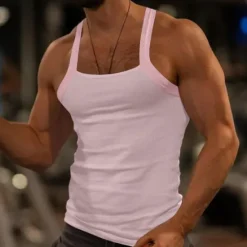 Discount OUKU Men's Tank Top Vest Top Undershirt Ribbed Knit tee Sleeveless Square Summer Plain Fashion Streetwear Bodybuilding Fitness Sports & Outdoor Athleisure Black White Pink Top Tee for Men