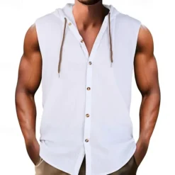 Clearance OUKU Men's Tank Top Vest Top Undershirt Sleeveless Shirt Sleeveless V Neck Hooded Spring & Summer Plain Fashion Designer Basic Vacation Street Going out Black White Khaki Top Tee for Men