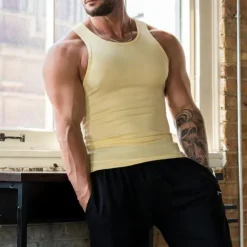 New OUKU Men's Tank Top Vest Top Undershirt Sleeveless Shirt Sleeveless Crew Neck Summer Plain Fashion Designer Basic Quick Dry Vacation Street Going out Light Yellow Black White Top Tee for Men