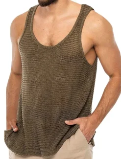 Sale OUKU Men's Tank Top Vest Top Undershirt Sleeveless Shirt Sleeveless Crew Neck Summer Solid Color Sports Fashion Lightweight Vacation Casual Daily Black White Brown Top Tee for Men